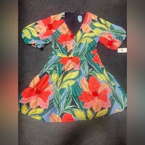 CECE Floral V-Neck Dress with Red and Green Pattern size S